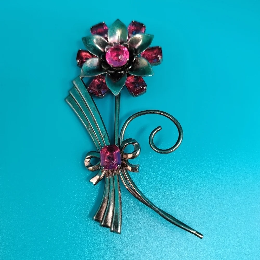 Vintage Oversized Sterling Silver & Pink Crystal Rhinestone Brooch 3